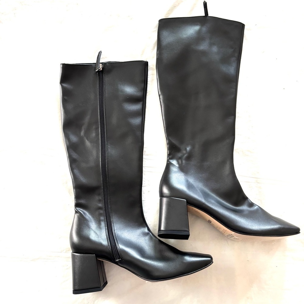 NWT SVEGAN Black Chalk Vegan Leather Heeled Knee High Boots SZ 5.5